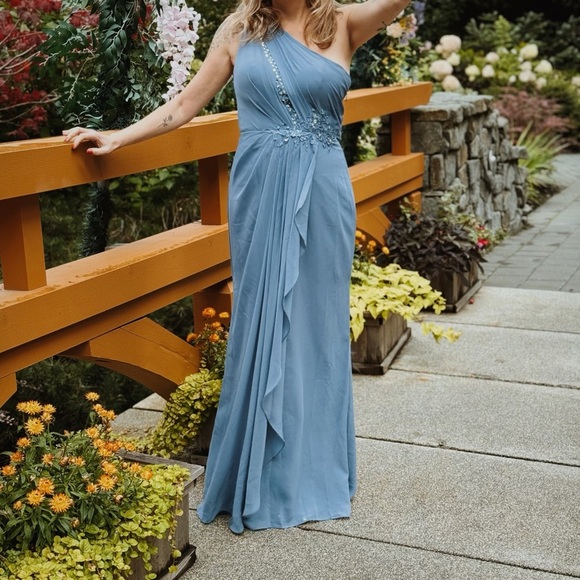 JJ’s House Dusty blue Blue One-Shoulder Prom Dress - Picture 1 of 5